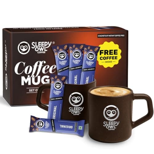 Sleepy Owl Coffee Mugs Set of 2 (200ml) with 5 Free Coffee Sachets | Eco-Friendly & Sustainable Cup | Microwave Safe | 100% Arabica Coffee with Mug
