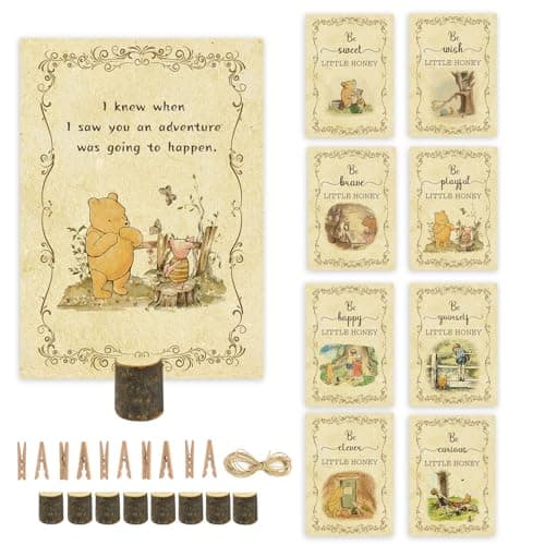 8Pcs Classic Pooh Baby Shower Centerpieces, Double Side Winnie Quotes Party Cards with Wooden Stands, Classic Winnie Baby Shower Decorations, Perfect for Birthday Party Supplies, Nursery Decor Prints