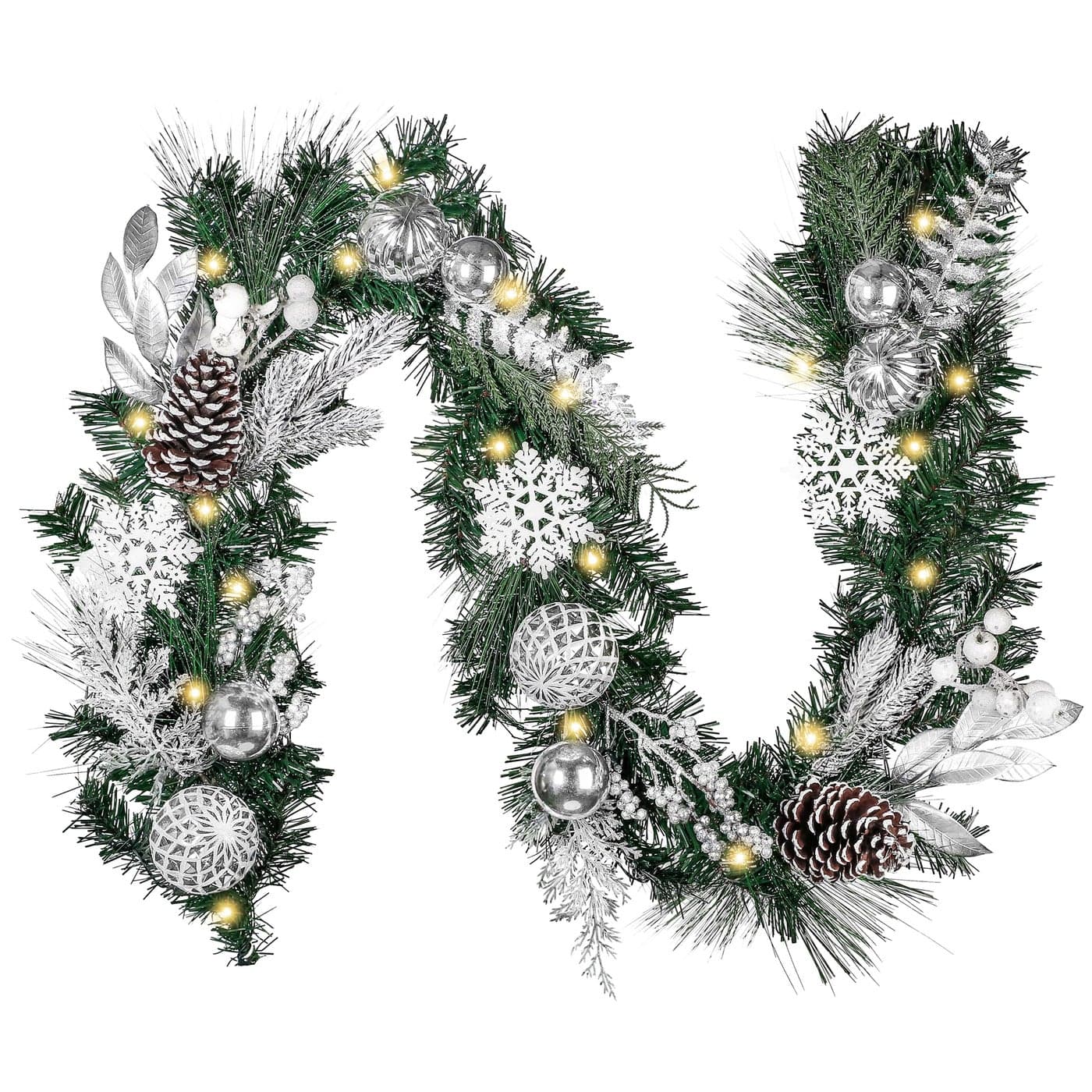 Valery Madelyn 6 feet PreLit Christmas Garland with Lights for Mantle Lighted Battery Operated Xmas Garland with Silver White Balls Snowflake for Front Door Fireplace Table Centerpiece Outdoor Decor