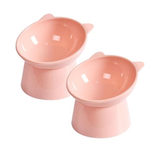 Tilted Elevated Cat Food Bowl - Cat Bowls Whisker Friendly Anti Vomiting Slanted Cats Feeding Bowls Cute Shallow Cats Bowl (2pcs/Pink)