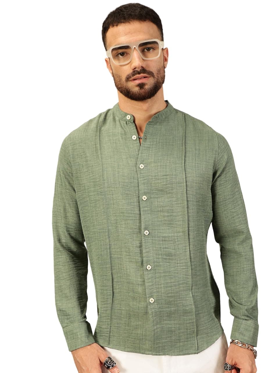 Thomas Scott Mens Linen Blend Mandarin Collar Full Sleeves Casual Shirt (TS1418_Green, 2XL)
