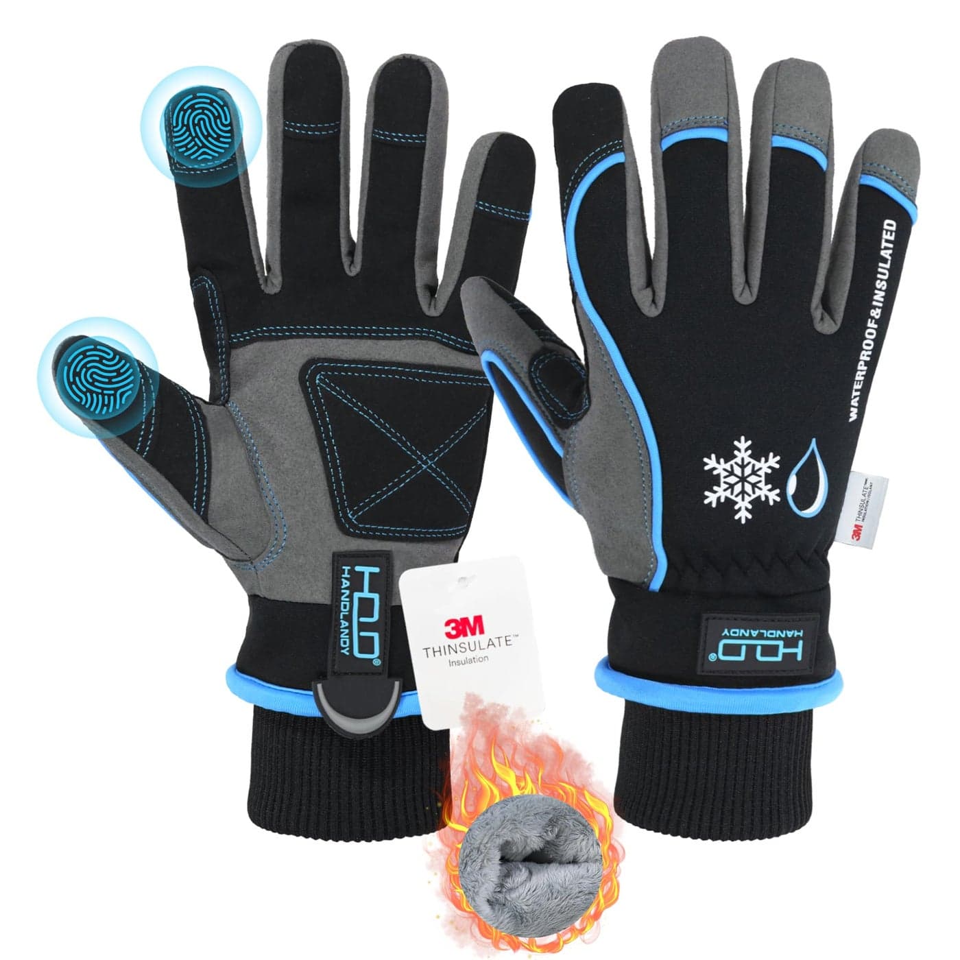 HANDLANDY Waterproof Insulated Work Gloves 3M Thinsulate Thermal Winter Gloves for Men Women Touch Screen Warm Ski Snowboard Cold Weather Gloves Large Blue
