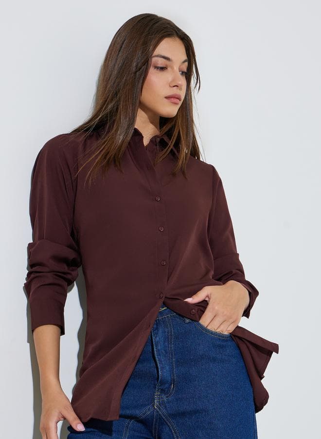 Brown Button Front Woven Longline Shirt