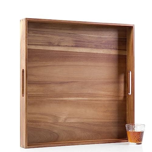 Extra Large Square Wood Tray, Generously 22" Acacia Serving Trays for Large Ottoman Coffee Table, Giant Square Shape Sofa Tray with Handles, Kitchen Organizer Storage Trays Huge Counter Serveware