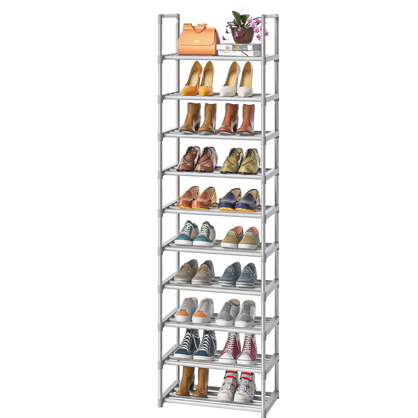 OYREL 10Tier Metal Shoe Rack Narrow Shoe Rack Organizer Sturdy Shoe Shelf for Closets Entryway Bedroom Garage Silver