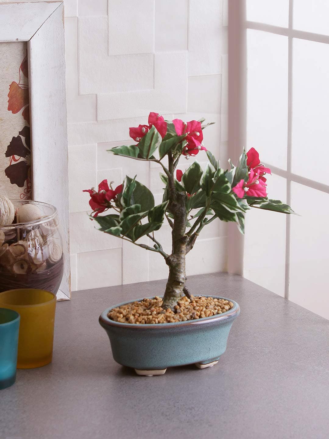 Fourwalls Artificial Bougainvillea Bonsai Plant in a Ceramic Vase for Home and Office Décor (24 cm, Rani)