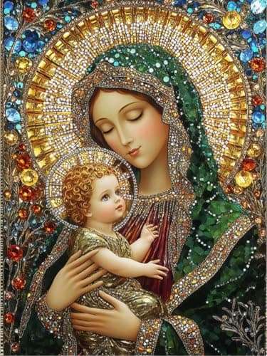 Acelii 5D Diamond Art Kits for Adults Beginners,Holy Mother and Son DIY Full Round Drill Diamond Painting Kits, Paint by Diamonds Dots Gem Art Easy,Home Wall Decor 12X16 Inch