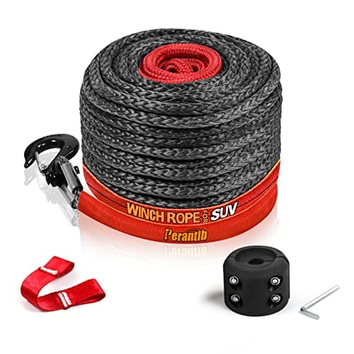 Synthetic Winch Rope 3/8" x 100'-23800 lbs Winch Line with Protective Sleeve,Forged Winch Hook,Safety Pull Strap go for 4WD Road Vehicle Truck SUV ATV UTV(Black Gray)…