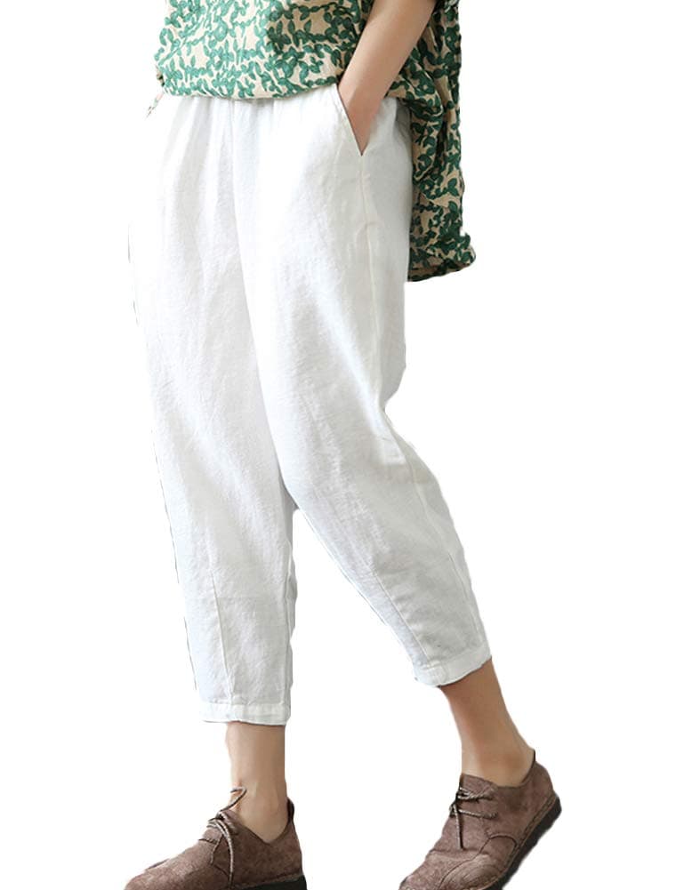 LaovanIn Women's Linen Cropped Pants Tapered Ankle Capris Trousers Elastic Waist Medium White