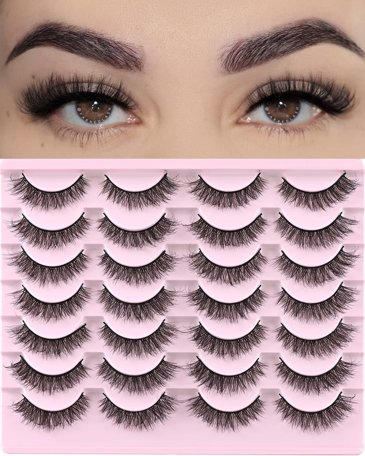 FARRED Natural Lashes Short Eyelashes Wispy False Mink Lash Pack 14 Pair Natural Look Fluffy Cat Eye Strip Eyelash Small Fake Lashes Full Pestaas Sets for MUA and Beginners Daily Makeup F1 814mm