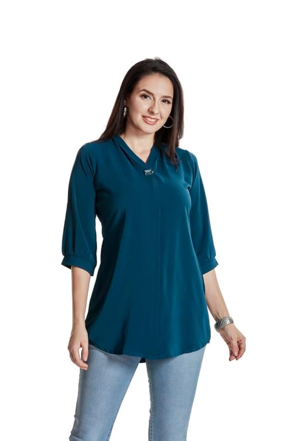 nioni Women’s Solid Tunic with Fashionable V-Fold Neck | Micro Pleated Rayon Kurti | Lycra Material | 3/4th Sleeve Short Kurta for Woman & Girl (Teal Blue, M)