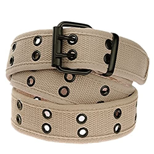 moonsix Canvas Web Belts for Men,Solid Color Casual Double Hole Grommet Belt,Khaki