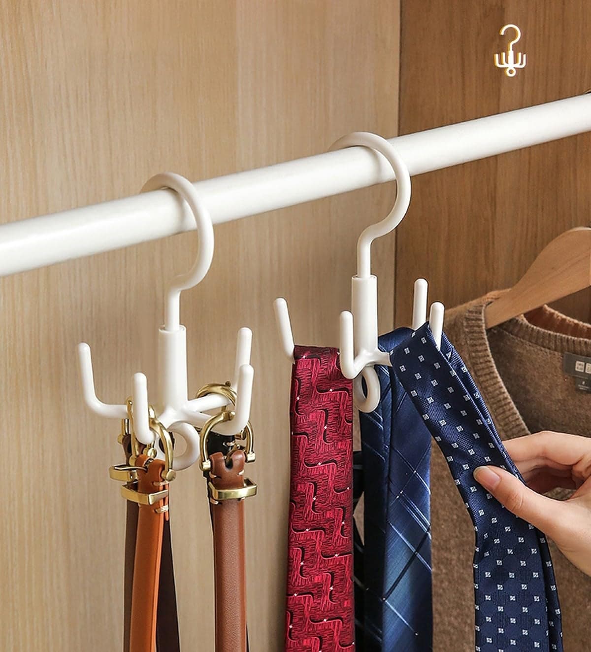 Wolpin Plastic Clothes Hanger Wardrobe Organizer Rack | 360° Rotating Multi-Purpose Hook for Clothes, Bags, Scarves & Coats (Set of 2, White)