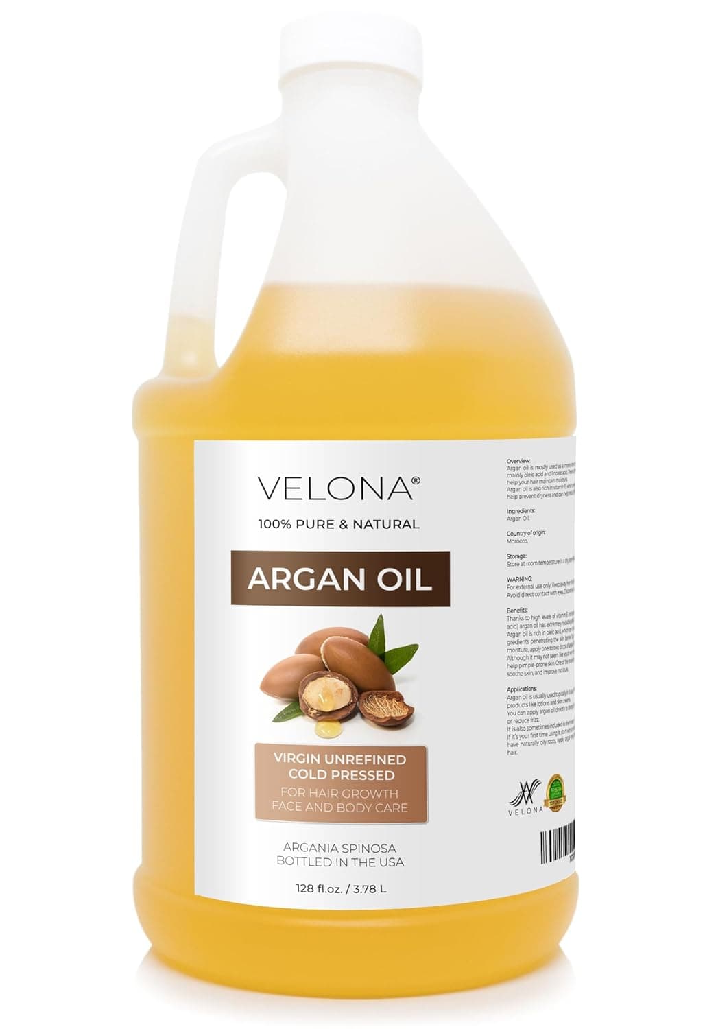 velona Argan Oil 1 Gallon 128 Fl Oz 100 Pure and Natural Morocco Oil Stimulate Hair Growth Skin Body and Face Care Nails Protector Unrefined Cold Pressed