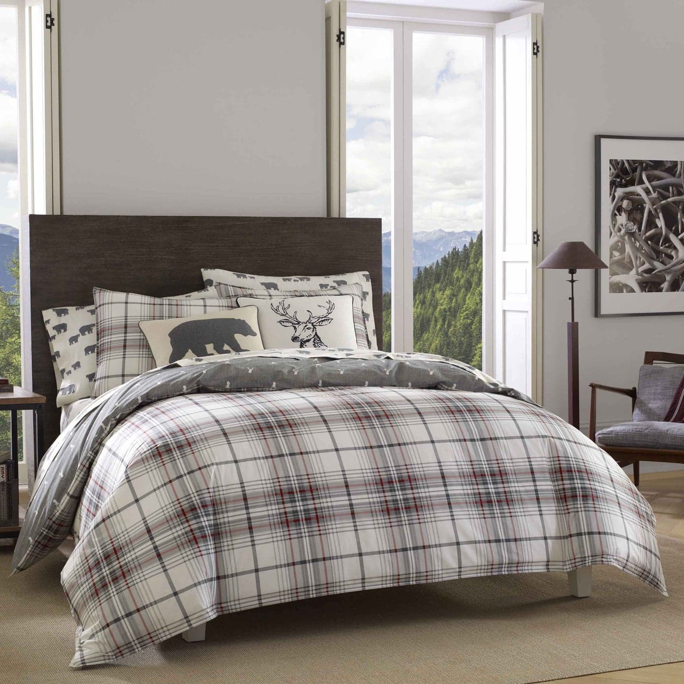 Eddie Bauer King Duvet Cover Set 100 Soft Smooth Reversible Cotton Percale Bedding 3 Piece Plaid Bed Set with Matching Pillowcases Alder Plaid GreyRed