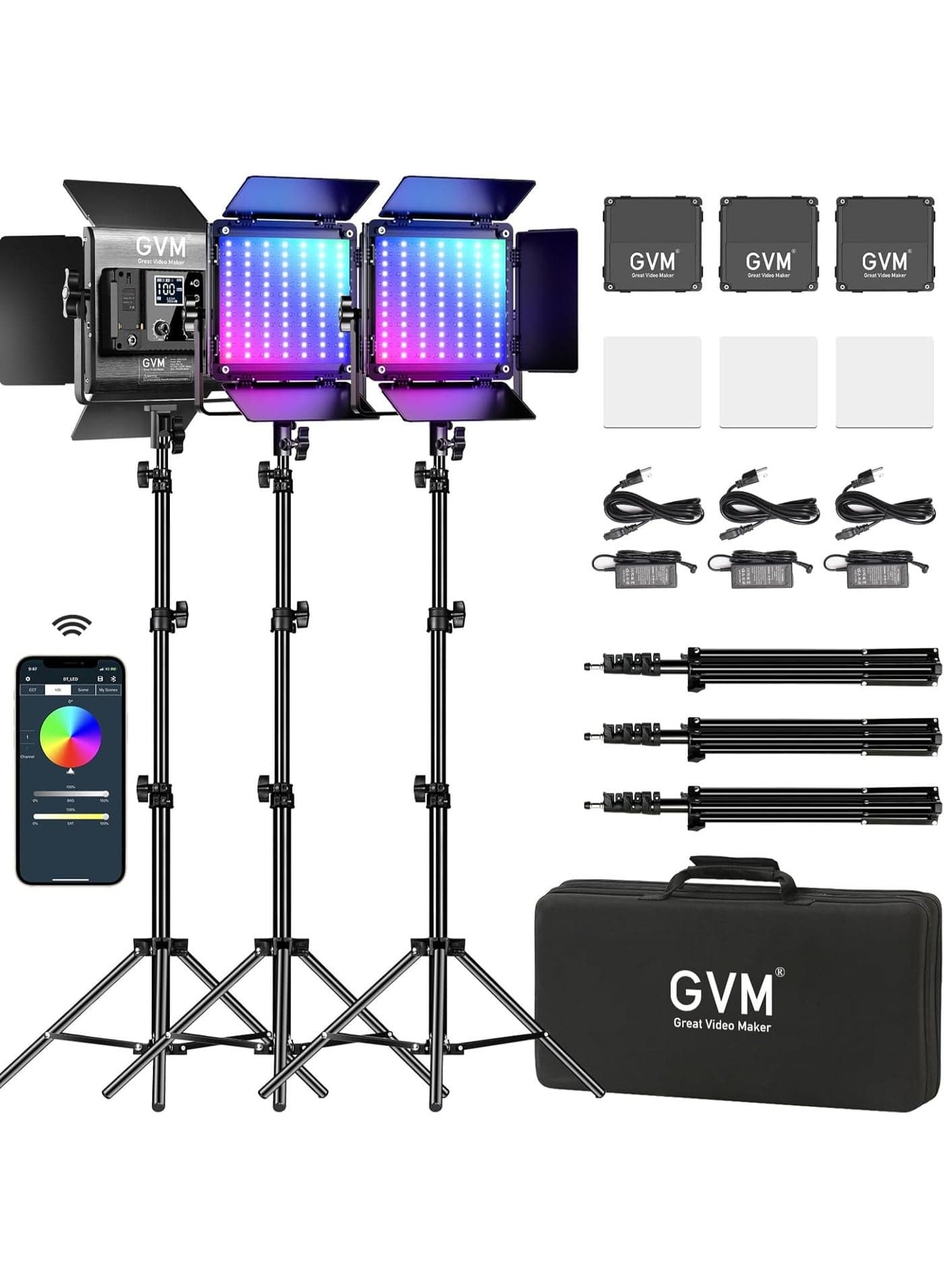GVM 800D RGB-3L Kit Bundle – 3x 80W Bi-Color & RGB LED Video Lights, Dimmable, 3200K–5600K with Stands for Studio & On-Location