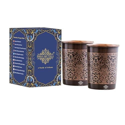 INDIAN ART VILLA Copper Dark Embossed Design Glass – 275 ML, Ayurvedic Copper Drinkware for Daily Use, Elegant Handcrafted Water Glass for Home, Office, and Gifting, Set of 2