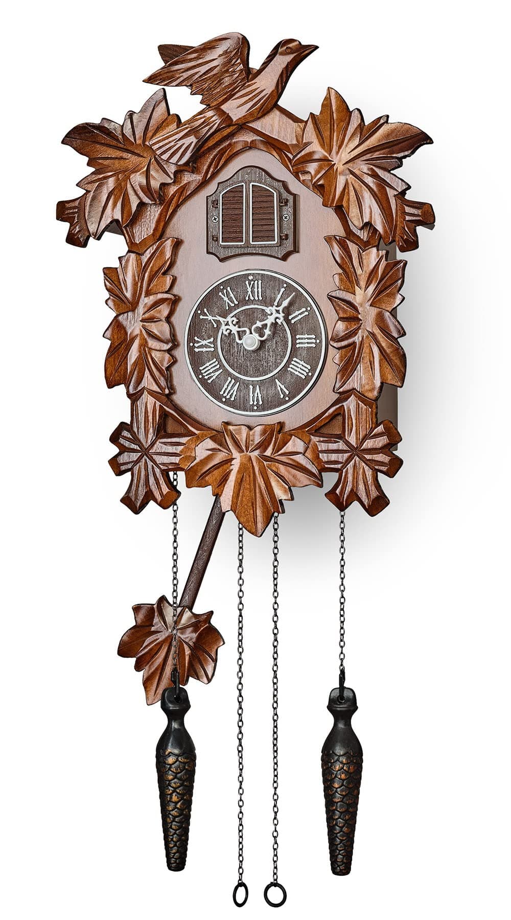 TIMEGEAR Cuckoo Clock with Night Mode Hand Carved Decorations and Swinging Pendulum Brown