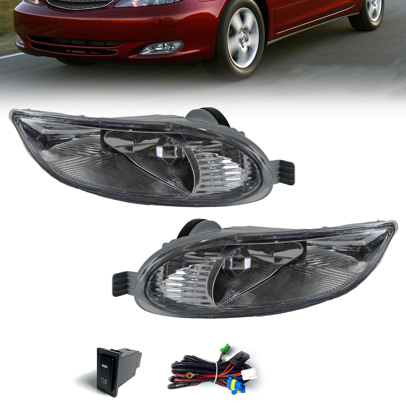 Fog Lights Assembly For 2002 2003 2004 Camry 2005 2006 2007 2008 Corolla 2002 2003 Solara With Switch and Wiring Kit And Halogen Bulbs Smoked Lens