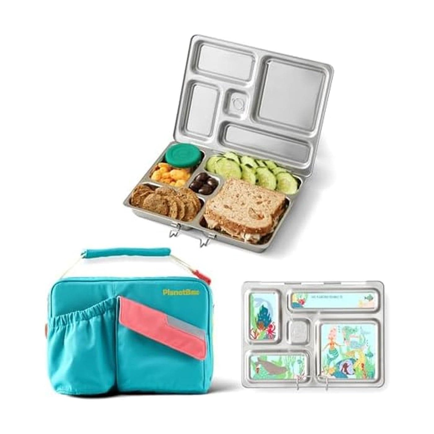 PlanetBox Rover Stainless Steel Bento Box Style Lunch Box Kit for Kids with 5 Compartments Includes Insulated Lunch Bag Leakproof Food Containers and Matching Mermaid Lagoon Magnets