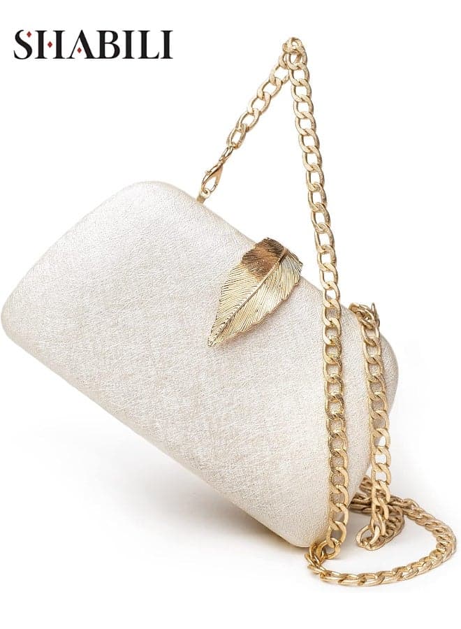 Women Large-Capacity Evening Clutch Bag, Sparkly Champagne Shimmer Handbag with Gold Leaf Closure & Detachable Chain Strap, Ladies Formal Crossbody Purse for Wedding, Party, Prom, Night Out (Champagne)