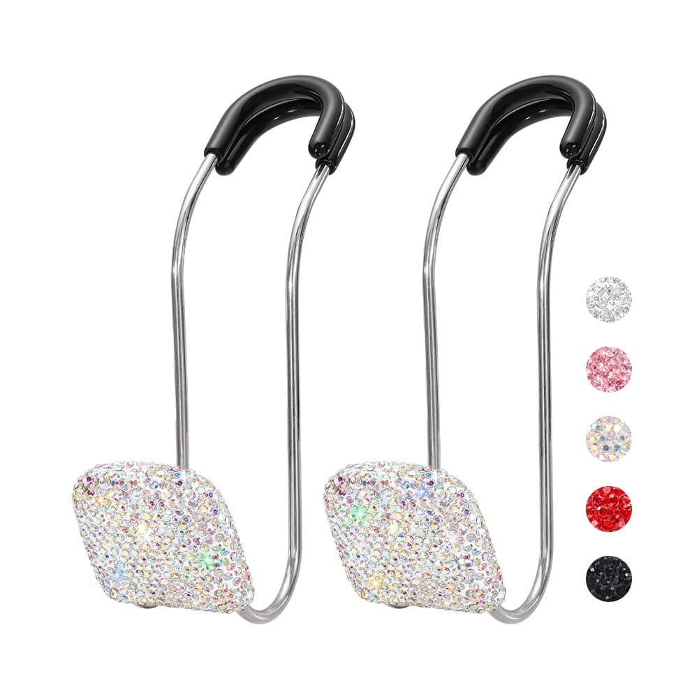 SAVORI Car Headrest Hooks Bling Car Accessories Rhinestones Universal Auto Back Seat Headrest Metal Hanger Organizer Vehicle Holder for Bag Purse Clothes Grocery 2PCS AB