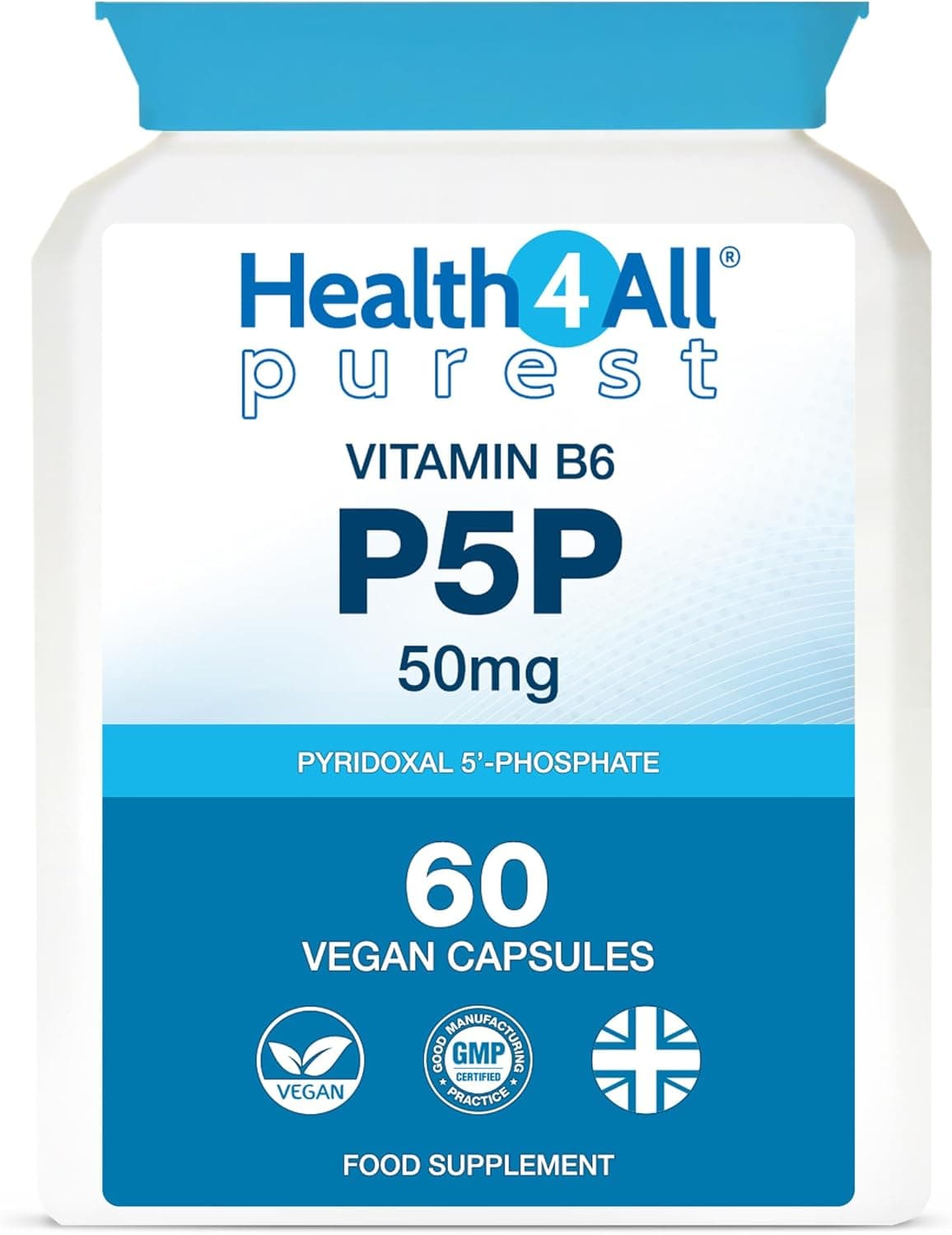 Health4All P5P 50mg 60 Capsules 2 Month Supply Biologically Active Vitamin B6 P5P Pyridoxal 5Phosphate with Magnesium Citrate for Tiredness Fatigue Pure Vegan P5P Supplement Made in UK