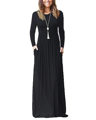 AUSELILY Women's Long Sleeve Dress Loose Plain Long Casual Maxi Dresses with Pockets 2025 New Black M