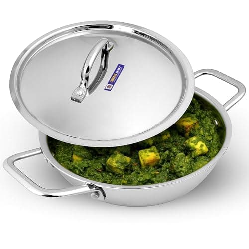 URBAN KRAFT Triply Stainless Steel Kadhai Heavy Bottom with Lid | Surgical Steel Cookware | Induction Base Kadai | No Chemical Coating & BPA Free 20cm, 1.6 Litre