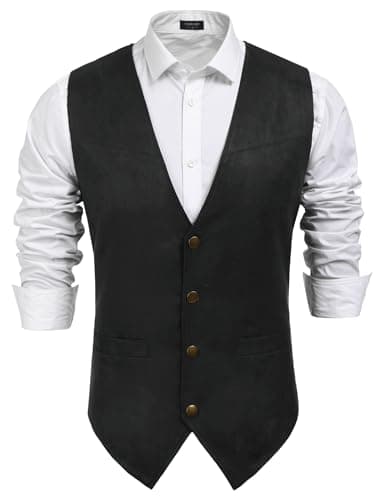 COOFANDY Men's Cowboy Leather Vest Suede Western Vest Casual Wedding Waistcoat, Black, XX-Large