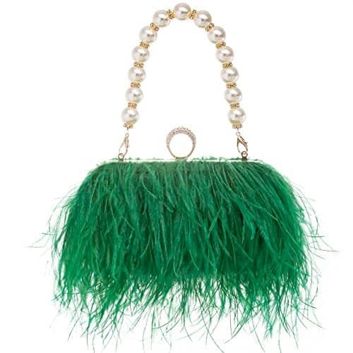 Women Real Natural Ostrich Feather Evening Bags Purses Clutch Vintage Banquet Handbag (green)