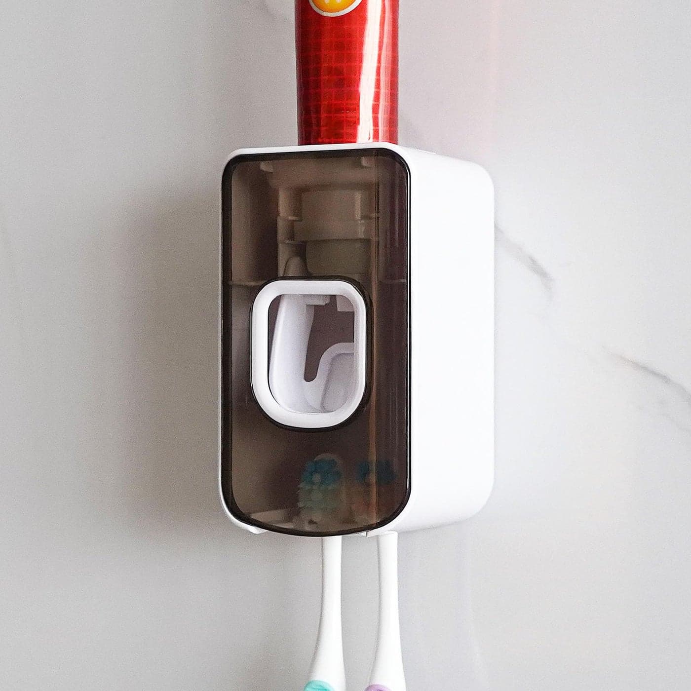 2 Slot Toothbrush Holder and Toothpaste Dispenser Wall Mounted Automatic Toothpaste Squeezer 2 in 1 Tooth Brush Toothpaste Organizer for Shower Grey