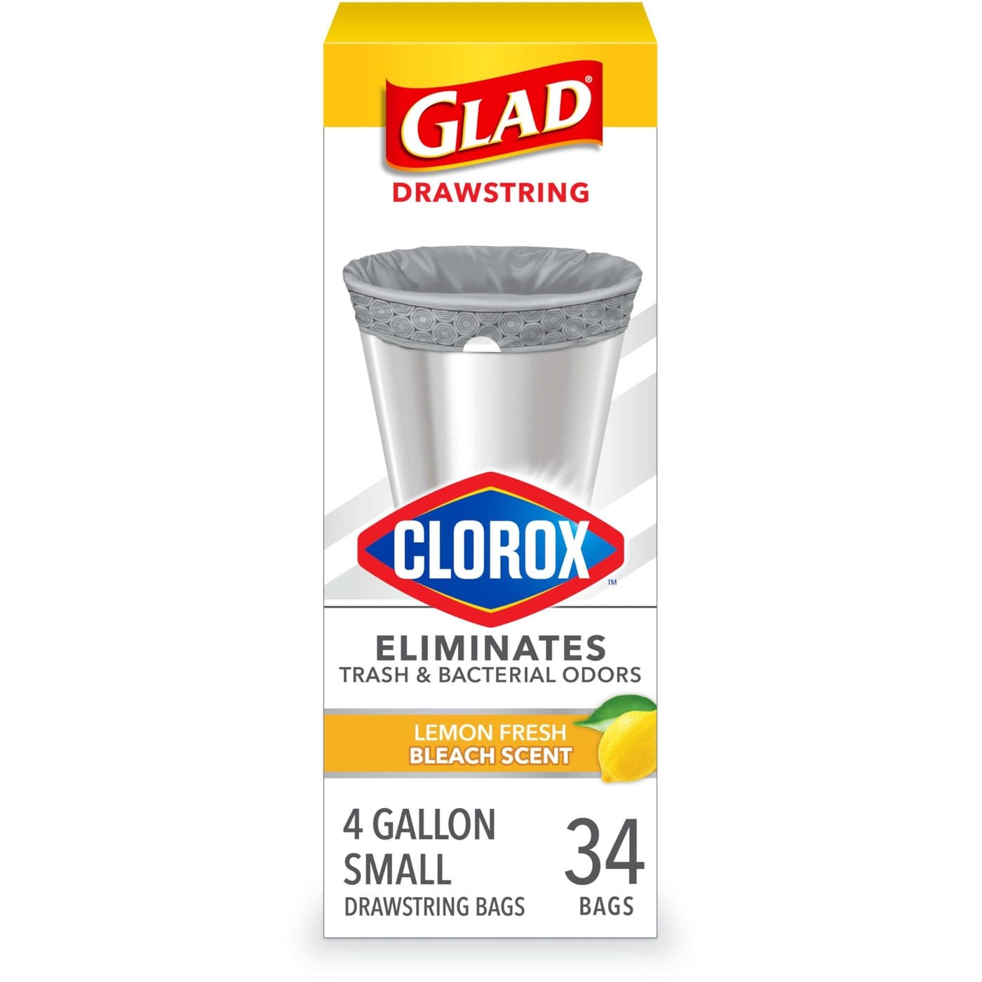 Glad Small Drawstring Trash Bags with Clorox 4 Gal Lemon Fresh Bleach 34 Ct Package May Vary