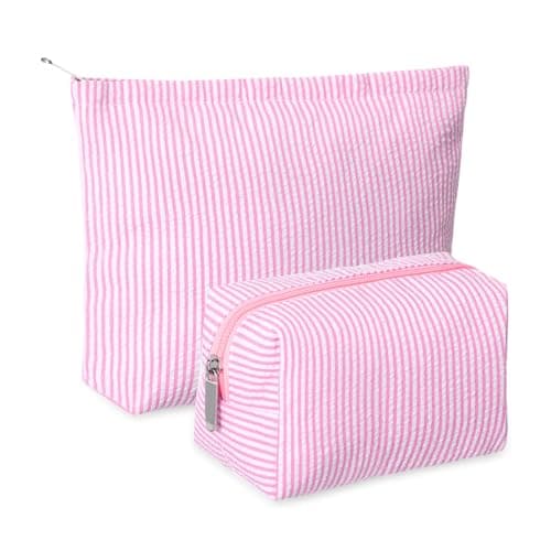 Huhumy 2 Pcs Makeup Bag Set Cute Cosmetic Pouch for Women Seersucker Travel Toiletry Bag Preppy Small Makeup Purse Pouch Aesthetic Skincare Brushes Storage Organizer for Valentine WomenPink