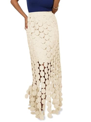 Cicy Bell Womens Hollow Out Maxi Skirts Summer High Waisted Boho Fringe Hem Long Skirt Apricot