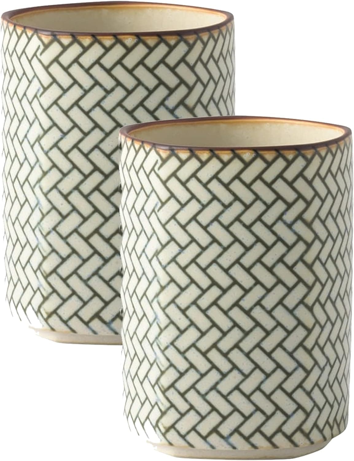 IPPINKA Japanese Porcelain Yunomi Tea Cup Mino Ware Set of 2 Komon Pattern Made in Japan