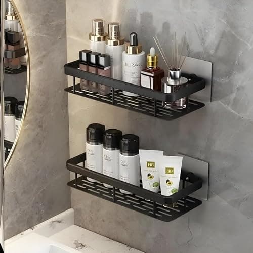 Claiez Aluminium Self-Adhesive Multipurpose Wall Mounted Bathroom Shelf and Rack Space Saving Bathroom Organizer Shelf, Punch Free Wall Shelves, Wall Stand (Pack of 2, Black Shelf)