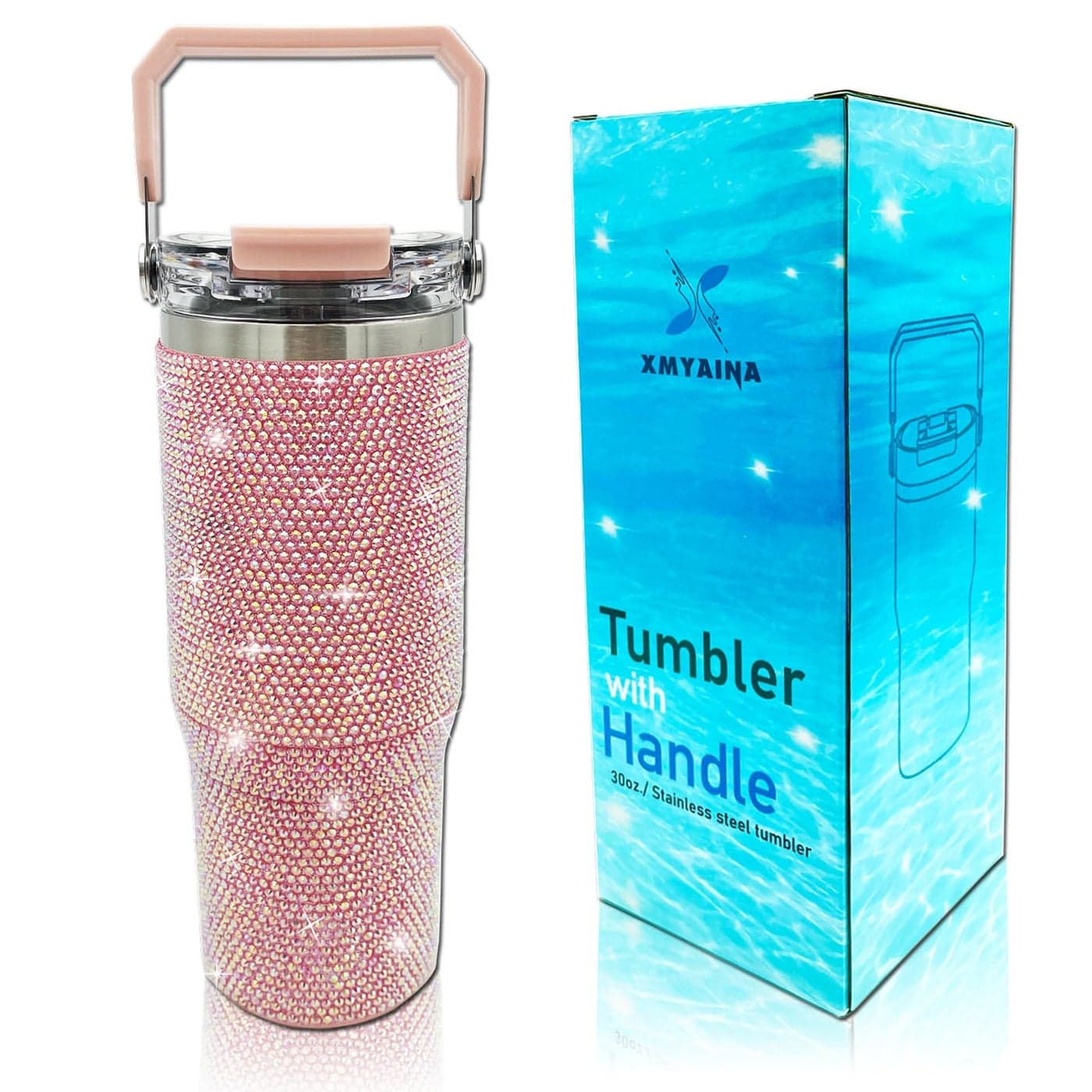 30oz Bling Rhinestone Studded Tumbler with Top Handle and Leakproof Lid Vacuum Insulated Stainless Steel Glitter Crystal Water Bottle with Flip Straw Reusable Cup Outdoors Travel Mugs Light Pink