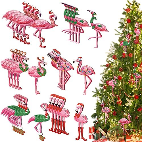 36 Pcs Flamingo Christmas Tree OrnamentPink Hanging Ornaments Gift Wooden Christmas Tree Decorations with Flax Ropes for Xmas Home Office Party Holiday Decor Flamingo