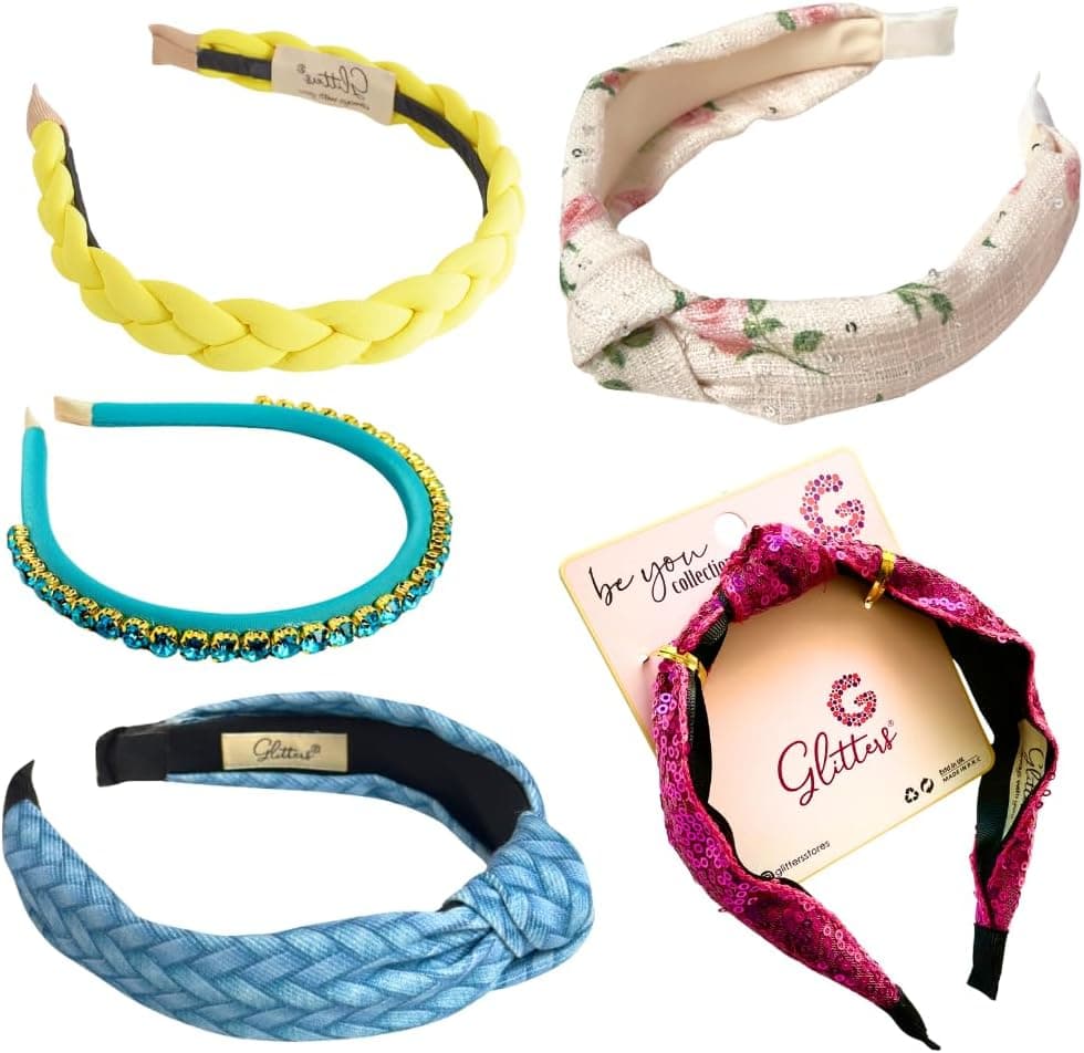 Glitters Trendy Hairband Set - 5 Pack Decorative Headbands with Braids, Gems, and Sequins