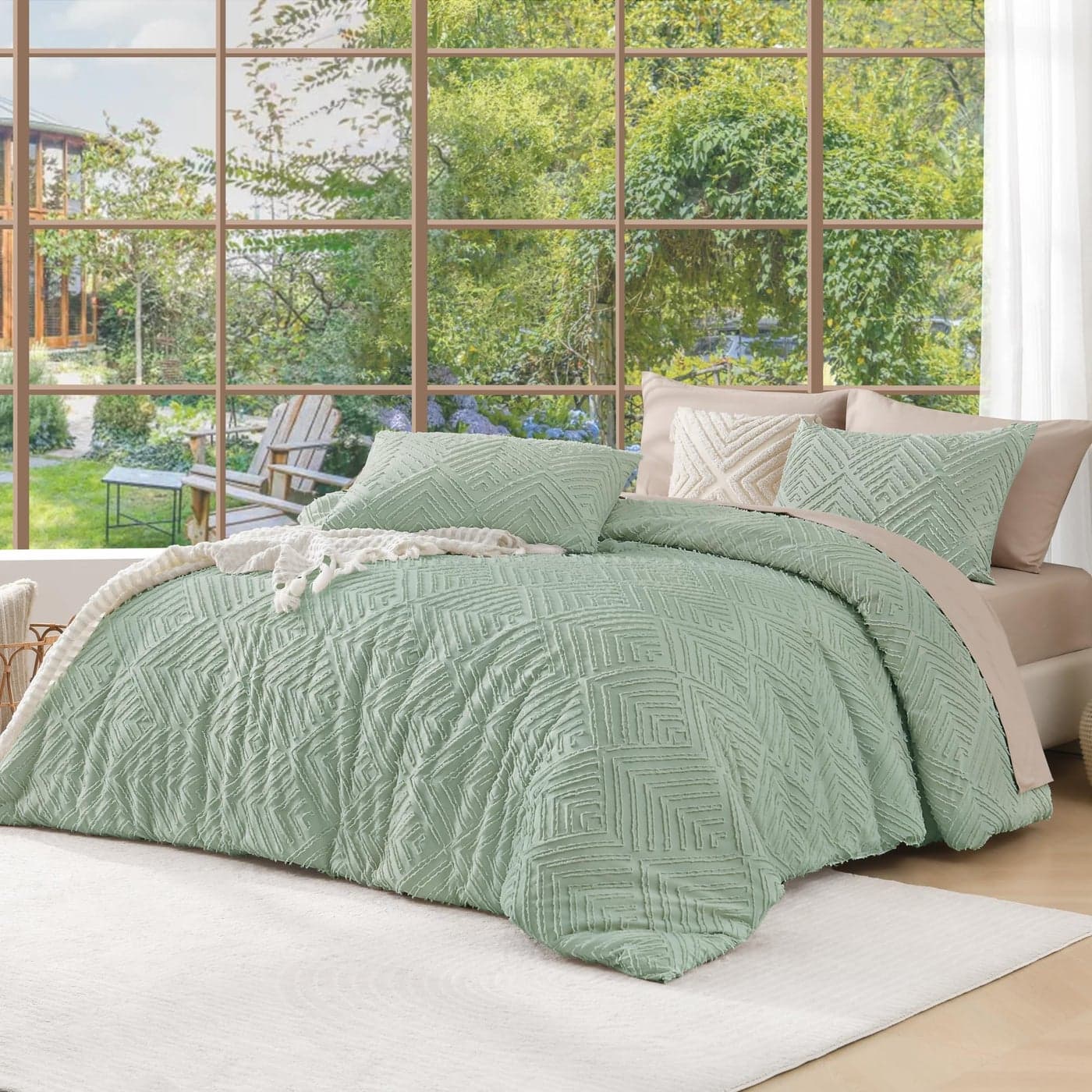 Andency Sage Green Boho Queen Comforter Set Lightweight and Fluffy Bedding Set for Queen Bed 3 Pieces Tufted Farmhouse Design for All Seasons 90x90Inches 1 Comforter and 2 Pillow Shams