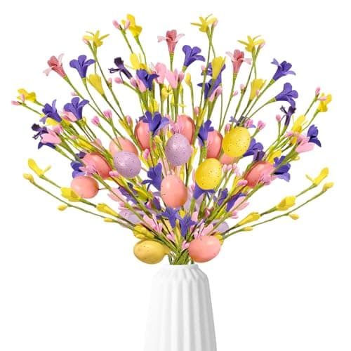 JOINCCI Easter Decorations12PCS Easter Egg Picks with FlowersBerry StemsSpring Artificial Flower Arrangement for Home Vase Easter DecorEaster Table Centerpieces