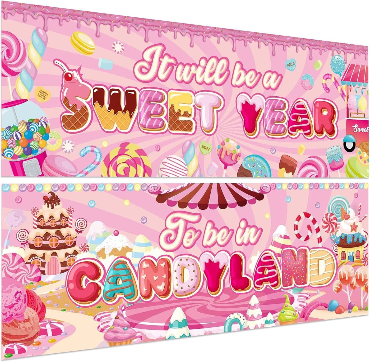 Containlol 2 Pcs Candyland Classroom Decorations Candy Banners Poster Sweet Candy Banner Bulletin Board Decor for Ice Cream Sweet Birthday Party Christmas Halloween Candyland Decorations Supplies