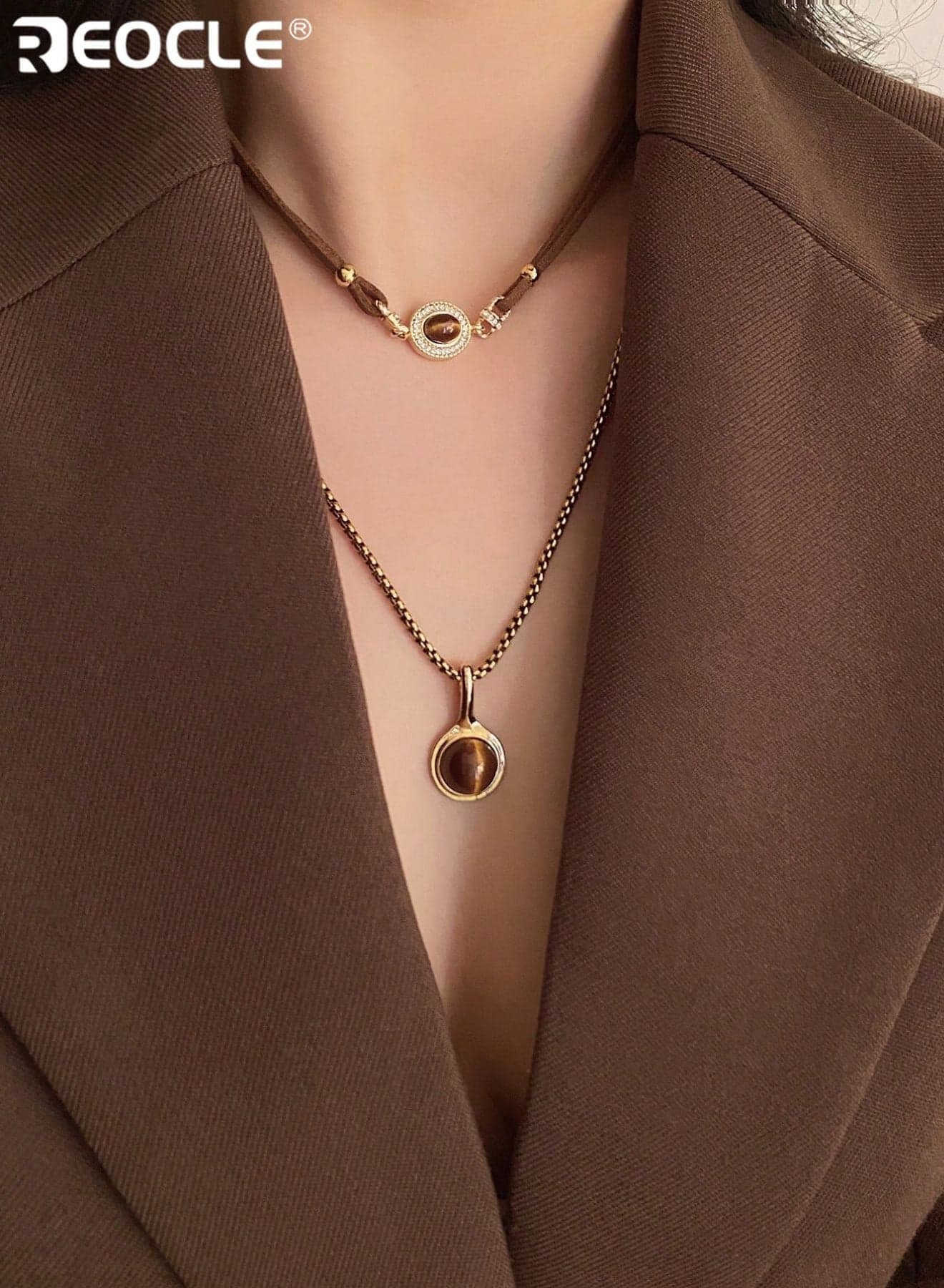 Women's Necklace Two-Layered Choker & Pendant Necklace Set Suede Cord with Circular Accent and Beaded Chain with Round Stone Pendant Adjustable Stackable Jewelry for Daily and Office Wear