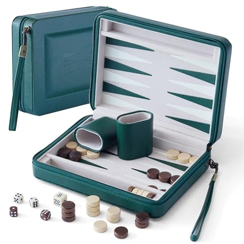 Magnetic Travel Backgammon Set Portable PU Leather Backgammon Board Game 9 Inch Classic Strategy Game for Adult Teens Folding Backgammon Board with 32 Wooden Pieces and 5 Dices Green