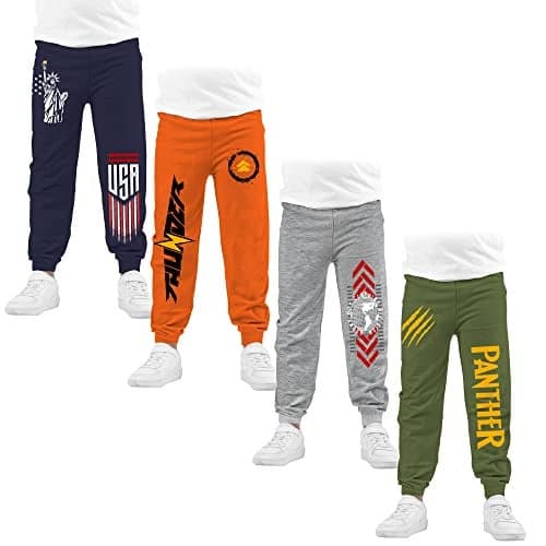 KYDA KIDS® 100% Cotton Track Pants for Boys | Premium Printed Soft Single Jersey Fabric | Elastic Waist Loose Fit Summer Full Length with Rib Hem (Pack of 4)