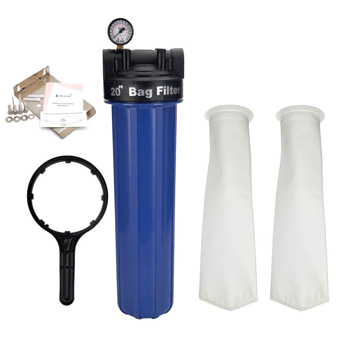 RiverSoft Sediment Filter Assembly AFB-20 with Spare Filter Bag 5 Micron for Filtering sediments, Install in Mainline 1 inch Inlet/Outlet (20 inch Size, PP, Blue)