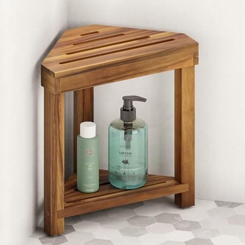 BLUEWEST 164 Corner Shower Stool with Storage Shelf Acacia Wood Shower Foot Rest for Shaving Legs Small WaterResistant Bathroom Bench for Inside Shower Wooden Bath Seat for Small Shower Spaces
