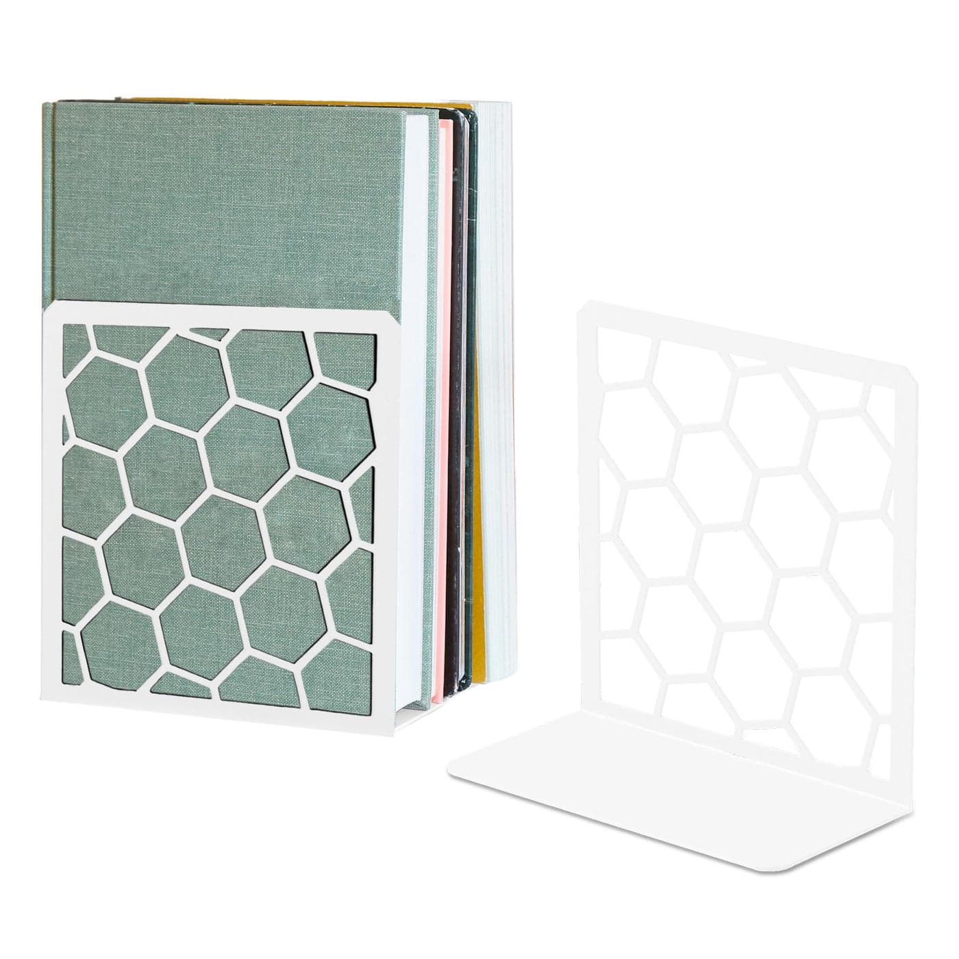 GEOMOD Geometric Honeycomb White Metal Bookends Decorative Tall Sturdy Book Ends for Shelves Modern Heavy Duty Bookend Stopper Office or Home Book Shelf Book Holder 6x325x625 Inches 1 Pair