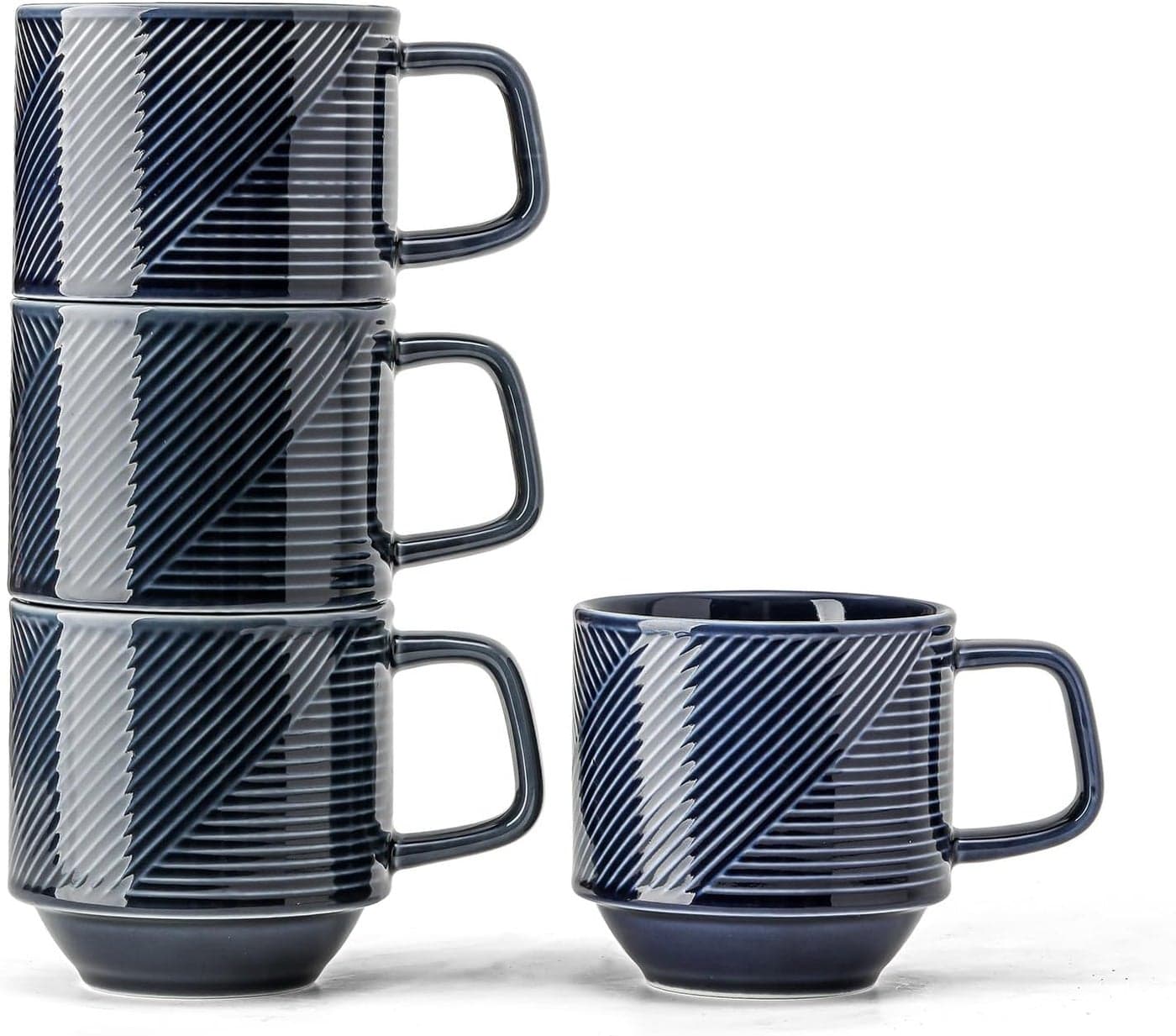 Stackable Coffee Mugs Set 13 oz Ceramic Stacking Cups for Cappuccino Latte Tea Microwave Safe Mug for Home Office 4 PCS Navy